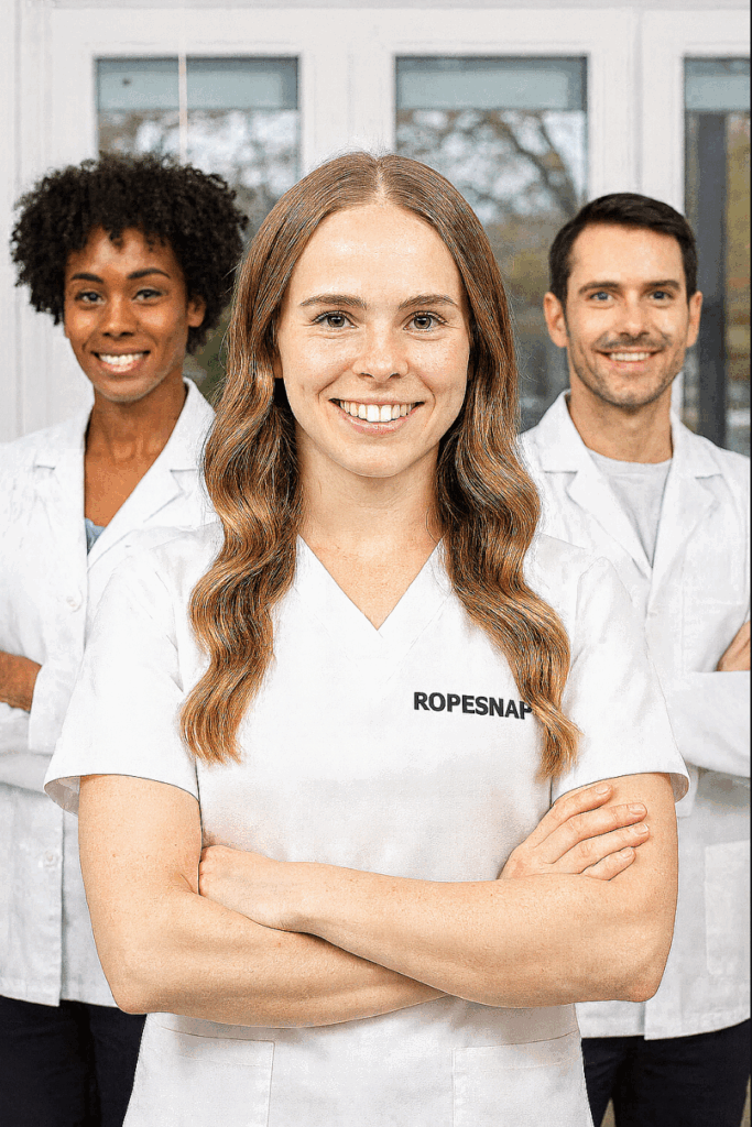 Drei medizinische Fachkräfte in weißer Kleidung mit ROPESNAP Logo, lächelnd im Team 