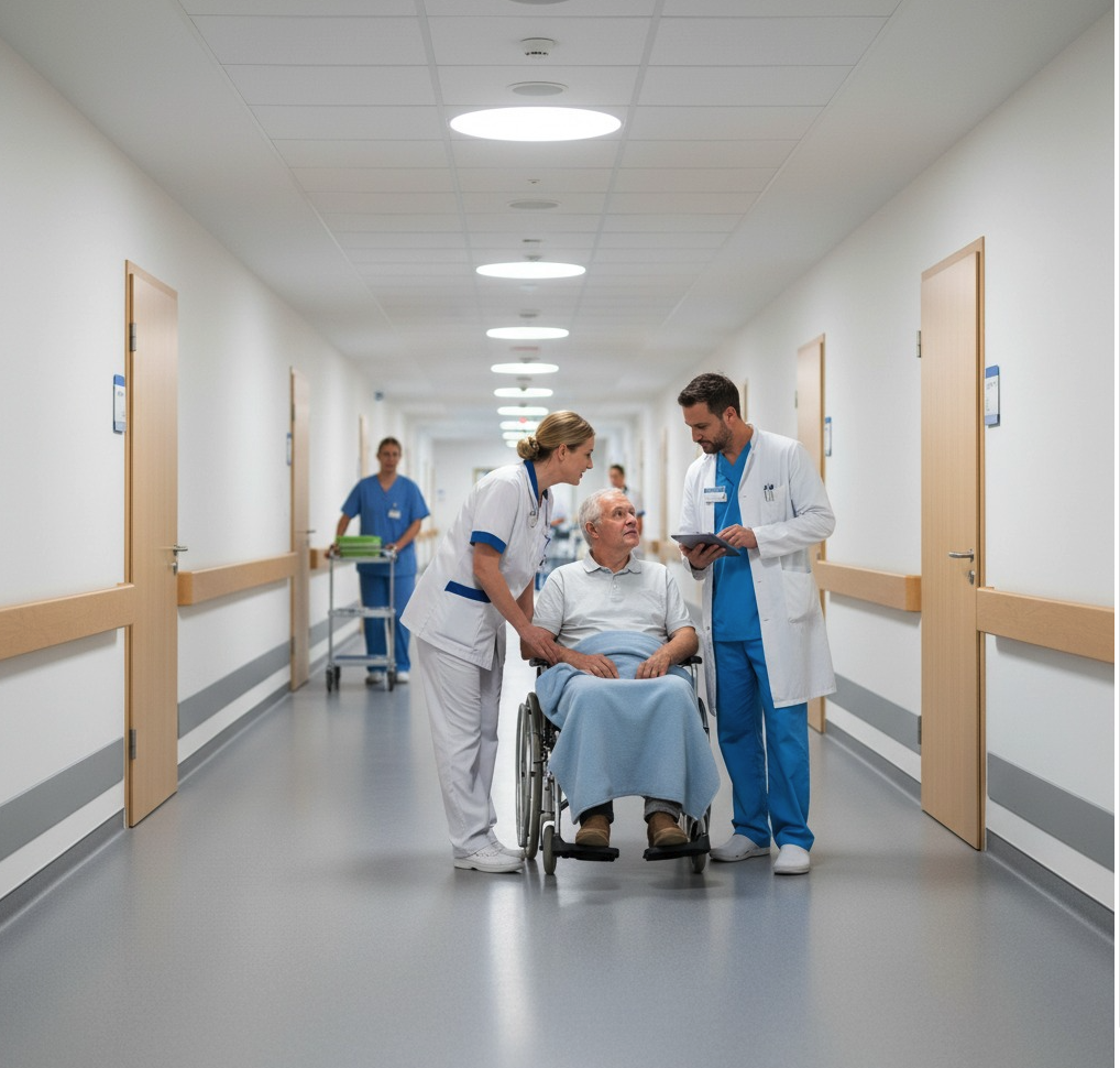 Ein gut funktionierendes Team aus Arzt und Pflegekräften versorgt einen Patienten im Rollstuhl in einem modernen Klinikflur – ein Beispiel für die stabilen Teams, die Ropesnap für das deutsche Gesundheitswesen findet.